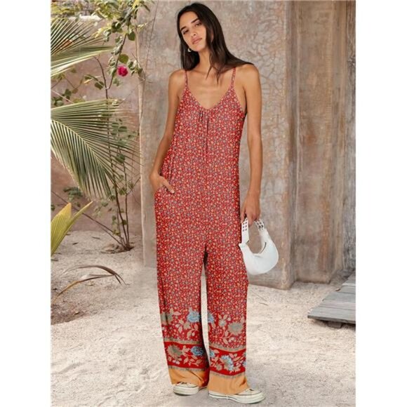 Women Summer Casual Boho Wide Leg Jumpsuits Floral Red - Picture 4 of 6
